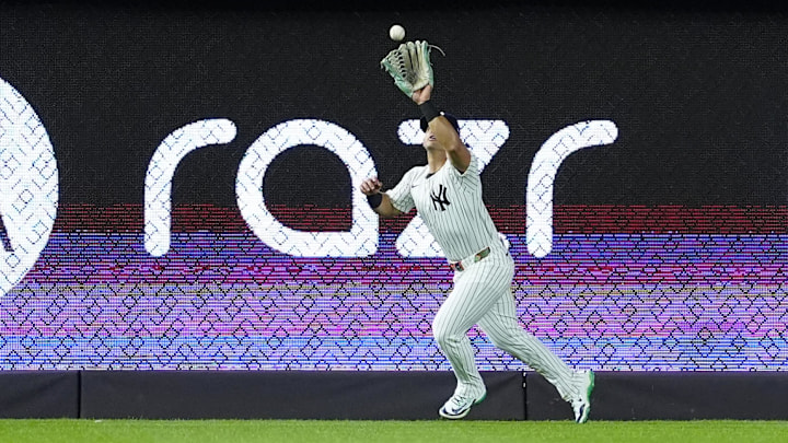 Sep 12, 2024; Bronx, New York, USA; New York Yankees left fielder Jasson Dominguez (89) catches a fly ball hit by Boston Red Sox left fielder Jarren Duran (not pictured) during the fifth inning at Yankee Stadium. Mandatory Credit: Gregory Fisher-Imagn Images