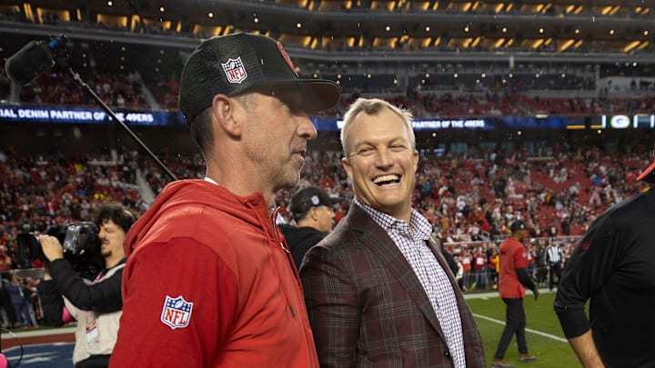 San Francisco 49ers head coach Kyle Shanahan (L) and general manager John Lynch (R)