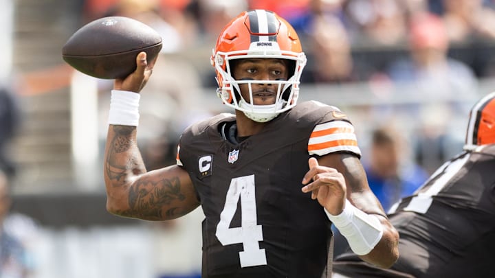Sep 22, 2024; Cleveland, Ohio, USA; Cleveland Browns quarterback Deshaun Watson (4) throws the ball against the New York Giants during the second quarter at Huntington Bank Field. Mandatory Credit: Scott Galvin-Imagn Images
