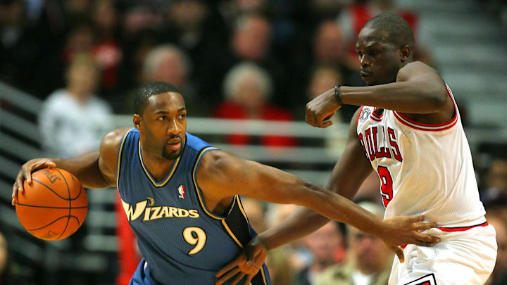 Nov. 13, 2010; Chicago, IL, USA; Washington Wizards point guard Gilbert Arenas (9) being guarded by Chicago Bulls small forward Luol Deng (9) in the second half at the United Center. The Bulls defeated the Wizards 103-96. Mandatory Credit: Dennis Wierzbicki-Imagn Images