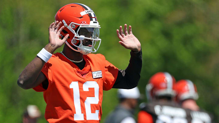 Cleveland Browns quarterback Shedeur Sanders gestures during rookie minicamp, May 9, 2025, in Berea.