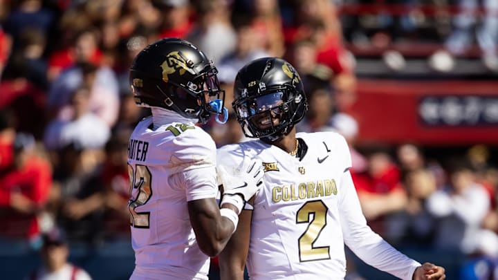 Colorado Buffaloes quarterback Shedeur Sanders (2) with wide receiver Travis Hunter. Colorado Buffaloes quarterback Shedeur Sanders (2) with wide receiver Travis Hunter.
