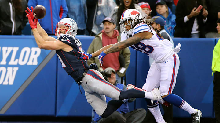 Former Patriots receiver Julian Edelman has this pass go off his fingertips in the end zone against the Buffalo Bills . Former Patriots receiver Julian Edelman has this pass go off his fingertips in the end zone against the Buffalo Bills .