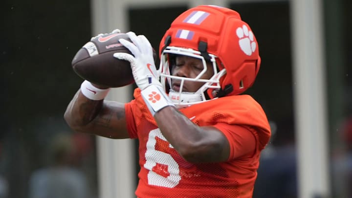 Clemson receiver Tyler Brown (6) catches a ball during Clemson football 2025 practice at the Allen N. Reeves Football Complex in Clemson, S.C. Friday, August 1, 2025.