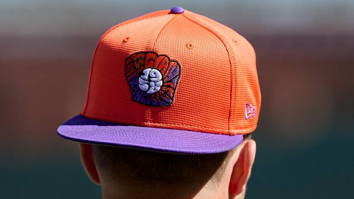 A San Francisco Giants City Connect baseball hat. A San Francisco Giants City Connect baseball hat.