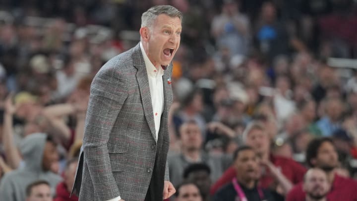 Apr 6, 2024; Glendale, AZ, USA; Alabama Crimson Tide head coach Nate Oats reacts against the Connecticut Huskies in the semifinals of the men's Final Four of the 2024 NCAA Tournament at State Farm Stadium. Mandatory Credit: Robert Deutsch-USA TODAY Sports