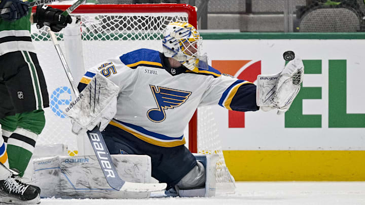 Sep 26, 2022; Dallas, Texas, USA; St. Louis Blues goaltender Colten Ellis (45) in action during the game between the Dallas Stars and the St. Louis Blues at American Airlines Center. Mandatory Credit: Jerome Miron-Imagn Images