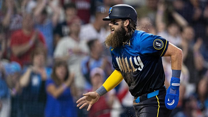 May 31, 2024; Philadelphia, Pennsylvania, USA; Philadelphia Phillies outfielder Brandon Marsh (16) reacts after scoring during the seventh inning against the St. Louis Cardinals at Citizens Bank Park. May 31, 2024; Philadelphia, Pennsylvania, USA; Philadelphia Phillies outfielder Brandon Marsh (16) reacts after scoring during the seventh inning against the St. Louis Cardinals at Citizens Bank Park.