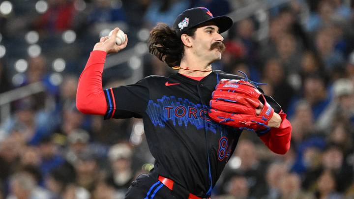 May 8, 2026; Toronto, Ontario, CAN;  Toronto Blue Jays starting pitcher Dylan Cease (84) delivers a pitch against the Los Angeles Angels in the first inning at Rogers Centre. 