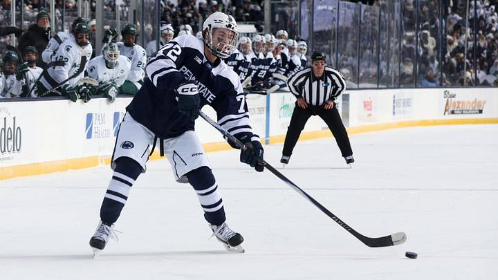 Jan 31, 2026; State College, PA, USA; Penn State Nittany Lions forward Gavin McKenna (72) looks to shoot the puck during the first period against the Michigan State Spartans at Beaver Stadium. Mandatory Credit: Matthew O'Haren-Imagn Images