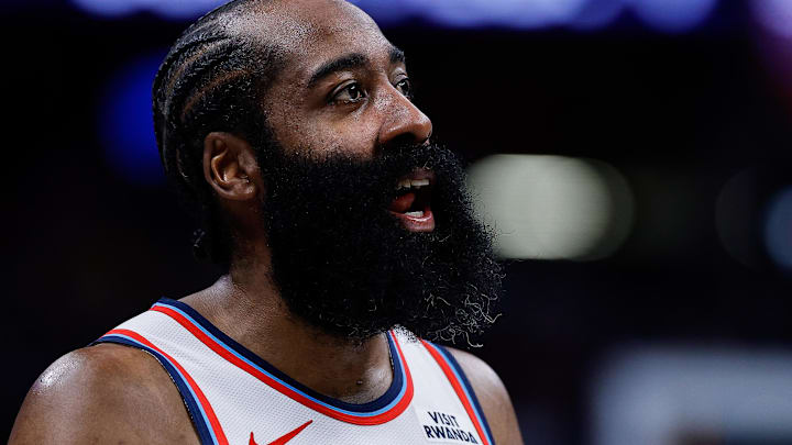 Jan 30, 2026; Denver, Colorado, USA; Los Angeles Clippers guard James Harden (1) in the third quarter against the Denver Nuggets at Ball Arena. Mandatory Credit: Isaiah J. Downing-Imagn Images