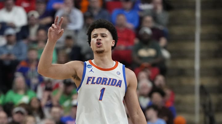 Mar 21, 2025; Raleigh, NC, USA;  Florida Gators guard Walter Clayton Jr. (1) signals during the first half against the Norfolk State Spartans at Lenovo Center. Mandatory Credit: Bob Donnan-Imagn Images