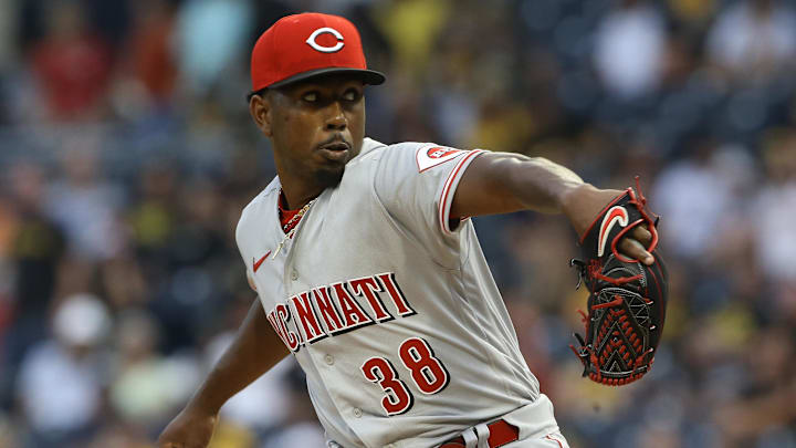 Aug 20, 2022; Pittsburgh, Pennsylvania, USA;  Cincinnati Reds starting pitcher Justin Dunn (38) delivers a pitch against the Pittsburgh Pirates during the first inning at PNC Park. Mandatory Credit: Charles LeClaire-Imagn Images