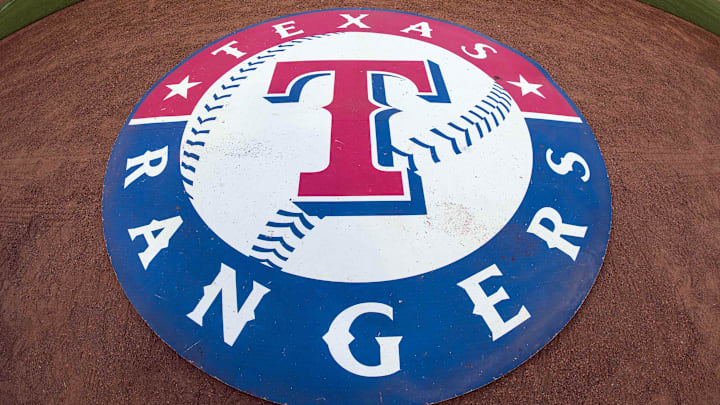 Jul 31, 2015; Arlington, TX, USA; A view the Texas Rangers logo and on deck circle before the game between the Texas Rangers and the San Francisco Giants at Globe Life Park in Arlington. The Rangers defeated the Giants 6-3. 