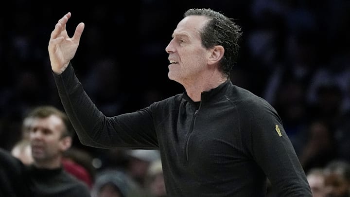 Jan 8, 2026; Minneapolis, Minnesota, USA; Cleveland Cavaliers head coach Kenny Atkinson directs his team as they play the Minnesota Timberwolves in the fourth quarter at Target Center. Mandatory Credit: Bruce Kluckhohn-Imagn Images