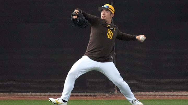 Feb 15, 2026; Peoria, AZ, USA; San Diego Padres pitcher Yuki Matsui (1) throws long ball during spring training camp. Mandatory Credit: Rick Scuteri-Imagn Images Feb 15, 2026; Peoria, AZ, USA; San Diego Padres pitcher Yuki Matsui (1) throws long ball during spring training camp. Mandatory Credit: Rick Scuteri-Imagn Images