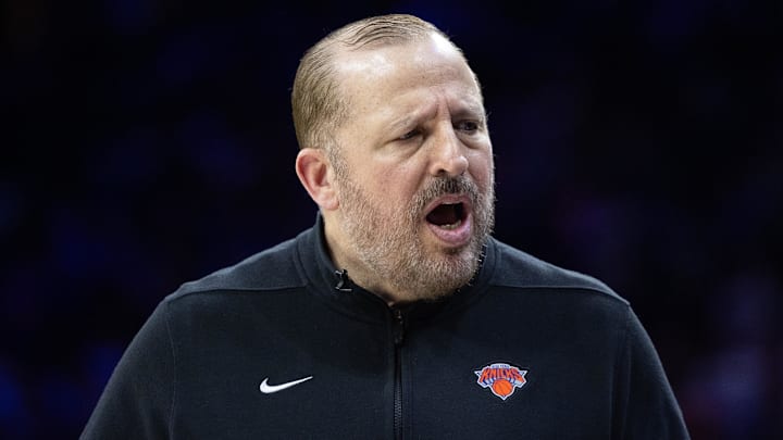 May 2, 2024; Philadelphia, Pennsylvania, USA; New York Knicks head coach Tom Thibodeau against the Philadelphia 76ers in game six of the first round for the 2024 NBA playoffs at Wells Fargo Center. Mandatory Credit: Bill Streicher-Imagn Images