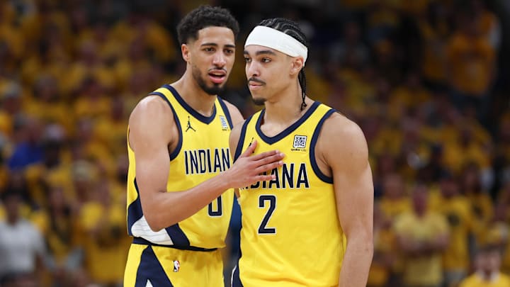 Indiana Pacers guards Tyrese Haliburton (0) and Andrew Nembhard (2) in the second quarter during Game 6 of the Eastern Conference Finals against the New York Knicks for the 2025 NBA Playoffs.