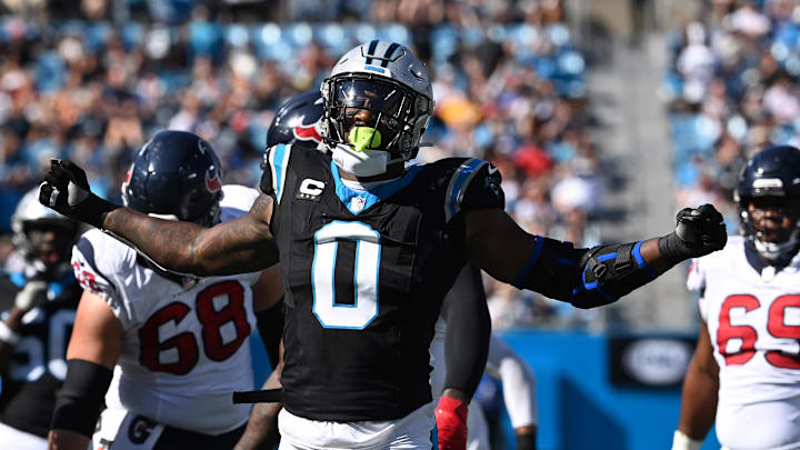 Oct 29, 2023; Charlotte, North Carolina, USA; Carolina Panthers linebacker Brian Burns (0) react