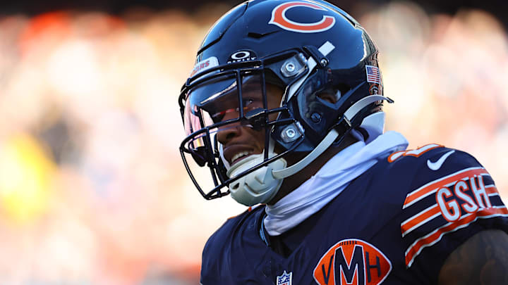 Nov 23, 2025; Chicago, Illinois, USA; Chicago Bears wide receiver DJ Moore (2) reacts during the second half at Soldier Field. Nov 23, 2025; Chicago, Illinois, USA; Chicago Bears wide receiver DJ Moore (2) reacts during the second half at Soldier Field.