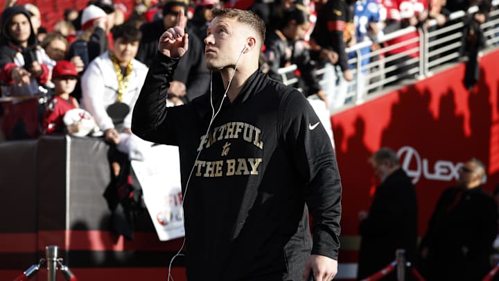 Jan 3, 2026; Santa Clara, California, USA; San Francisco 49ers running back Christian McCaffrey (23) before the game at Levi's Stadium. Mandatory Credit: Sergio Estrada-Imagn Images