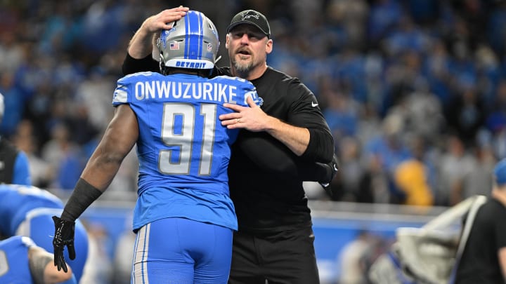 Jan 21, 2024; Detroit, Michigan, USA; Detroit Lions head coach Dan Campbell with defensive end Levi Onwuzurike (91) before a 2024 NFC divisional round game against the Tampa Bay Buccaneers at Ford Field. Mandatory Credit: Lon Horwedel-USA TODAY Sports Jan 21, 2024; Detroit, Michigan, USA; Detroit Lions head coach Dan Campbell with defensive end Levi Onwuzurike (91) before a 2024 NFC divisional round game against the Tampa Bay Buccaneers at Ford Field. Mandatory Credit: Lon Horwedel-USA TODAY Sports