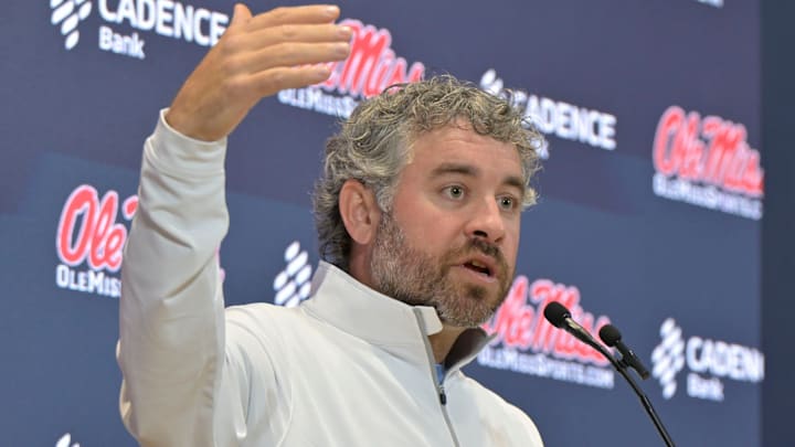 Ole Miss head football coach Pete Golding speaks at a press conference at the Manning Center at the University of Mississippi in Oxford, Miss. on Thursday, December 11, 2025.