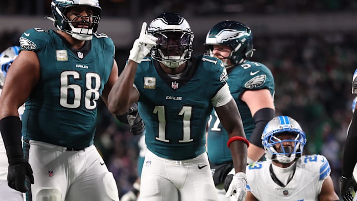 Nov 16, 2025; Philadelphia, Pennsylvania, USA; Philadelphia Eagles wide receiver A.J. Brown (11) reacts against the Detroit Lions during the first half at Lincoln Financial Field. Mandatory Credit: Bill Streicher-Imagn Images