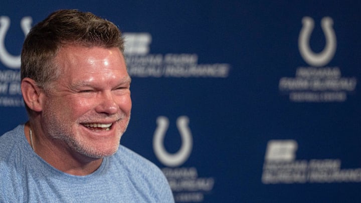 Indianapolis Colts General Manager Chris Ballard speaks to the press in a pre-draft press conference Monday, April 21, 2025 at the Colts headquarters, the Indiana Farm Bureau Football Center.