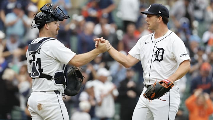 Sep 24, 2024; Detroit, Michigan, USA;  Detroit Tigers catcher Jake Rogers (34) and relief pitcher Beau Brieske (4) celebrate after defeating the Tampa Bay Rays at Comerica Park. Mandatory Credit: Rick Osentoski-Imagn Images