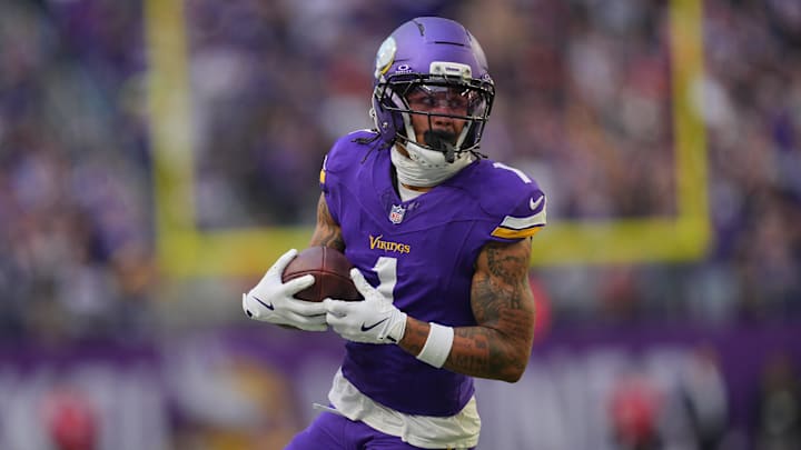 Nov 16, 2025; Minneapolis, Minnesota, USA; Minnesota Vikings wide receiver Jalen Nailor (1) runs for a gain during the fourth quarter against the Chicago Bears at U.S. Bank Stadium. Mandatory Credit: Brad Rempel-Imagn Images
