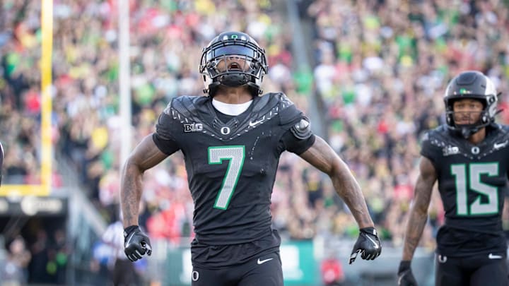 Oregon Ducks wide receiver Evan Stewart celebrates a long reception as the No. 3 Oregon Ducks host the No. 2 Ohio State Buckeyes Saturday, Oct. 12, 2024 at Autzen Stadium in Eugene, Ore.
