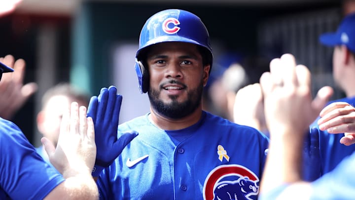 Sep 3, 2023; Cincinnati, Ohio, USA; Chicago Cubs third baseman Jeimer Candelario (9) reacts in the