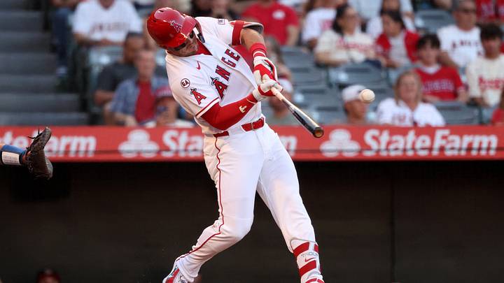 Aug 15, 2026; Anaheim, California, USA; Los Angeles Angels center fielder Mike Trout (27) hits a single during the first inning against the Kansas City Royals at Angel Stadium. Mandatory Credit: Kiyoshi Mio-Imagn Images Aug 15, 2026; Anaheim, California, USA; Los Angeles Angels center fielder Mike Trout (27) hits a single during the first inning against the Kansas City Royals at Angel Stadium. Mandatory Credit: Kiyoshi Mio-Imagn Images