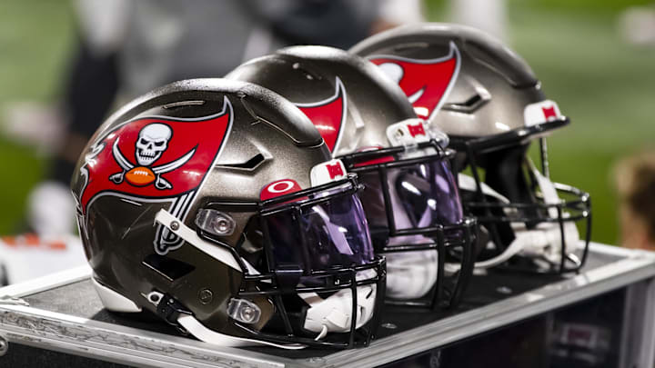 Feb 4, 2020; Tampa, FL, USA; Detailed view of Tampa Bay Buccaneers helmets on the sidelines against the Kansas City Chiefs in Super Bowl LV at Raymond James Stadium. Mandatory Credit: Mark J. Rebilas-Imagn Images Feb 4, 2020; Tampa, FL, USA; Detailed view of Tampa Bay Buccaneers helmets on the sidelines against the Kansas City Chiefs in Super Bowl LV at Raymond James Stadium. Mandatory Credit: Mark J. Rebilas-Imagn Images