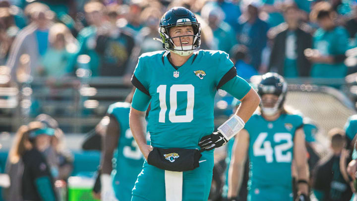 Dec 1, 2024; Jacksonville, Florida, USA; Jacksonville Jaguars quarterback Mac Jones (10) looks on during the second quarter against the Houston Texans at EverBank Stadium. Mandatory Credit: Jeremy Reper-Imagn Images