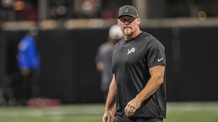 Aug 8, 2025; Atlanta, Georgia, USA; Detroit Lions head coach Dan Campbell on the field prior to the game against the Atlanta Falcons at Mercedes-Benz Stadium. Mandatory Credit: Dale Zanine-Imagn Images