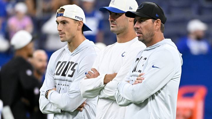 Aug 22, 2026; Indianapolis, Indiana, USA; Indianapolis Colts wide receiver Alec Pierce (14), Indianapolis Colts quarterback Daniel Jones (17) and Indianapolis Colts head coach Shane Steichen are seen prior to the game against the Atlanta Falcons at Lucas Oil Stadium. Mandatory Credit: Robert Goddin-Imagn Images Aug 22, 2026; Indianapolis, Indiana, USA; Indianapolis Colts wide receiver Alec Pierce (14), Indianapolis Colts quarterback Daniel Jones (17) and Indianapolis Colts head coach Shane Steichen are seen prior to the game against the Atlanta Falcons at Lucas Oil Stadium. Mandatory Credit: Robert Goddin-Imagn Images