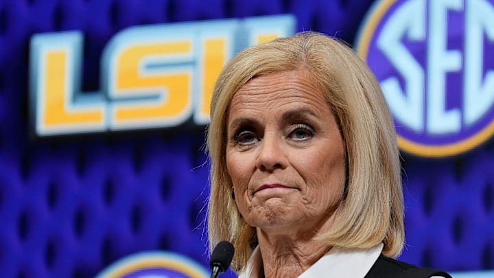 LSU head coach Kim Mulkey speaks during SEC Media Day at the Grand Bohemian Hotel in Mountain Brook Tuesday, Oct. 16, 2024.