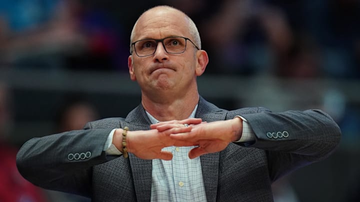 Nov 23, 2025; Hartford, Connecticut, USA; UConn Huskies head coach Dan Hurley watches from the sideline as they take on the Bryant Bulldogs at Peoples Bank Arena. Mandatory Credit: David Butler II-Imagn Images Nov 23, 2025; Hartford, Connecticut, USA; UConn Huskies head coach Dan Hurley watches from the sideline as they take on the Bryant Bulldogs at Peoples Bank Arena. Mandatory Credit: David Butler II-Imagn Images
