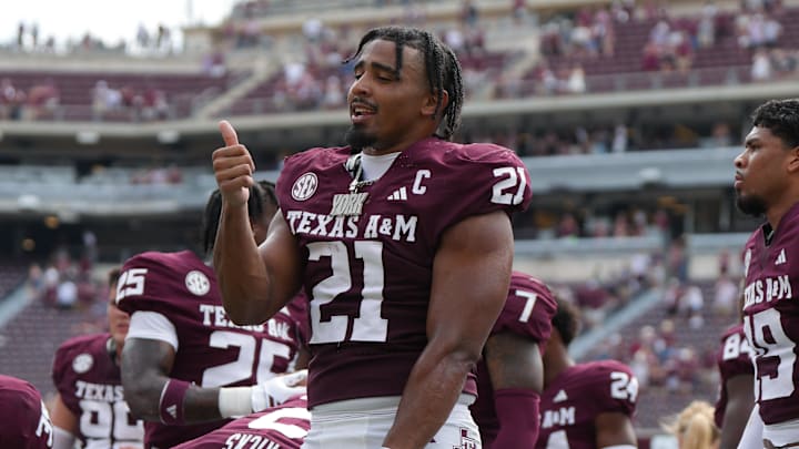 Sep 6, 2025; College Station, Texas, USA; Texas A&M Aggies linebacker Taurean York (21) celebrates after a win against the Utah State Aggies at Kyle Field. Mandatory Credit: Sean Thomas-Imagn Images