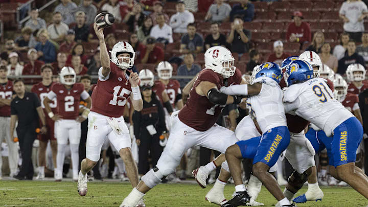 Sep 27, 2025; Stanford, California, USA; Stanford Cardinal quarterback Ben Gulbranson (15) throws the football during the fourth quarter against the San Jose State Spartans at Stanford Stadium. Mandatory Credit: Stan Szeto-Imagn Images. Sep 27, 2025; Stanford, California, USA; Stanford Cardinal quarterback Ben Gulbranson (15) throws the football during the fourth quarter against the San Jose State Spartans at Stanford Stadium. Mandatory Credit: Stan Szeto-Imagn Images.