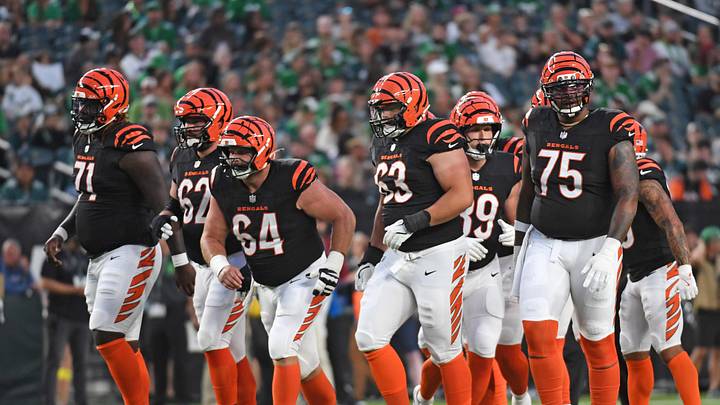 Aug 7, 2025; Philadelphia, Pennsylvania, USA; Cincinnati Bengals offensive tackle Amarius Mims (71), guard Lucas Patrick (62), center Ted Karras (64), guard Dylan Fairchild (63) and offensive tackle Orlando Brown Jr. (75) against the Philadelphia Eagles at Lincoln Financial Field. Mandatory Credit: Eric Hartline-Imagn Images Aug 7, 2025; Philadelphia, Pennsylvania, USA; Cincinnati Bengals offensive tackle Amarius Mims (71), guard Lucas Patrick (62), center Ted Karras (64), guard Dylan Fairchild (63) and offensive tackle Orlando Brown Jr. (75) against the Philadelphia Eagles at Lincoln Financial Field. Mandatory Credit: Eric Hartline-Imagn Images