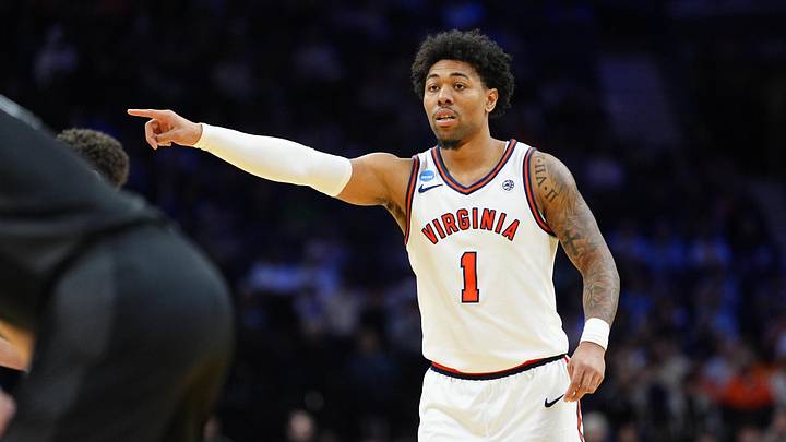 Mar 20, 2026; Philadelphia, PA, USA; Virginia Cavaliers guard Malik Thomas (1) directs the team during the second half against the Wright State Raiders during a first round game of the men's 2026 NCAA Tournament at Xfinity Mobile Arena. Mandatory Credit: Kyle Ross-Imagn Images