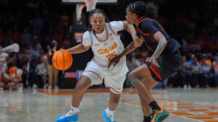 Tennessee guard Naomi White (25) moves around Florida A&M's Kamryn Grant (24) as she dribbles during women’s college basketball exhibition game between the Tennessee Lady Vols and Florida A&M Rattlers at Thompson-Boling Arena at Food City Center on Oct. 27, 2026.