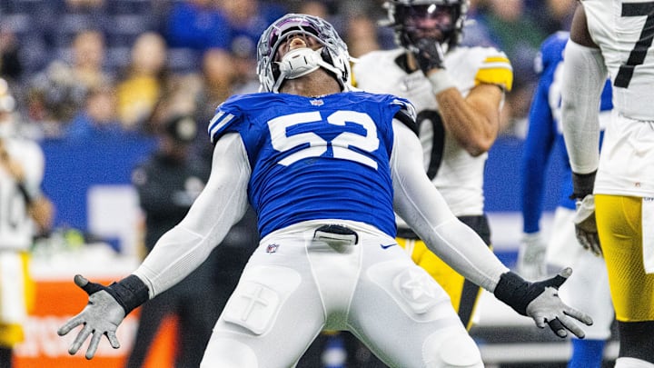 Dec 16, 2023; Indianapolis, Indiana, USA; Indianapolis Colts defensive end Samson Ebukam (52) celebrates a sack  in the second half against the Pittsburgh Steelers at Lucas Oil Stadium. Mandatory Credit: Trevor Ruszkowski-Imagn Images