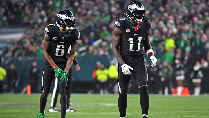 Dec 25, 2023; Philadelphia, Pennsylvania, USA; Philadelphia Eagles wide receiver DeVonta Smith (6) and wide receiver A.J. Brown (11) against the New York Giants at Lincoln Financial Field. Mandatory Credit: Eric Hartline-USA TODAY Sports Dec 25, 2023; Philadelphia, Pennsylvania, USA; Philadelphia Eagles wide receiver DeVonta Smith (6) and wide receiver A.J. Brown (11) against the New York Giants at Lincoln Financial Field. Mandatory Credit: Eric Hartline-USA TODAY Sports