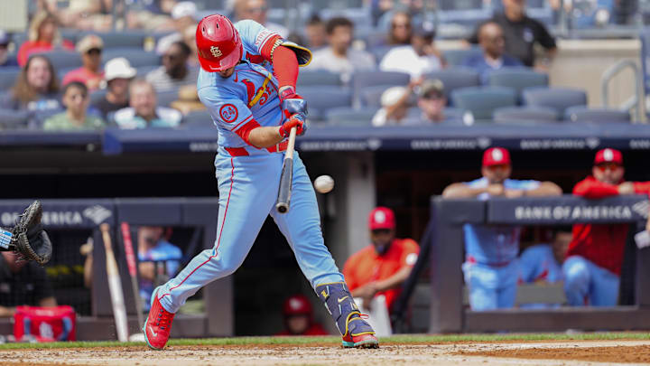 St. Louis Cardinals third baseman Nolan Arenado hits a single against the New York Yankees on Aug. 31 at Yankee Stadium. St. Louis Cardinals third baseman Nolan Arenado hits a single against the New York Yankees on Aug. 31 at Yankee Stadium.