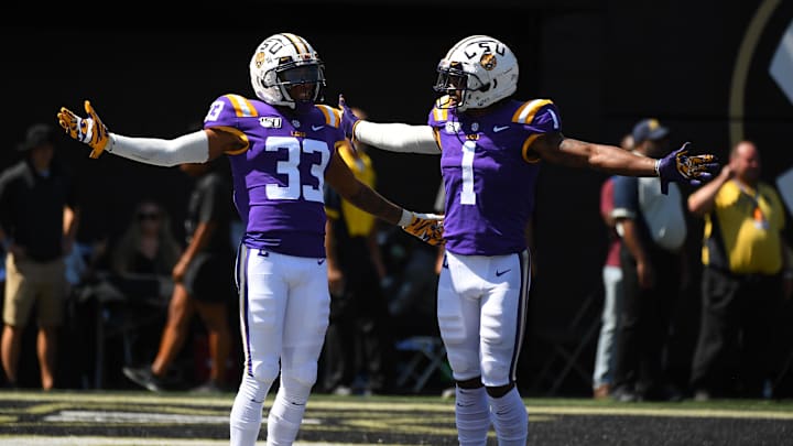 Ja'Marr Chase and Trey Palmer celebrate after a touchdown against Vanderbilt in 2019