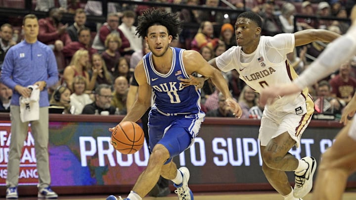 Feb 17, 2024; Tallahassee, Florida, USA; Duke Blue Devils guard Jared McCain (0) drives the ball